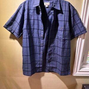 Haggar Men's Navy Blue Plaid Button Down Collared Shirt size Small